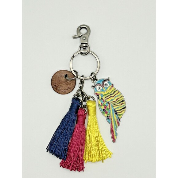 Sakroots Pewter Multicolor Enamel Owl Bag Charm Keychain with Tassels - Picture 2 of 11